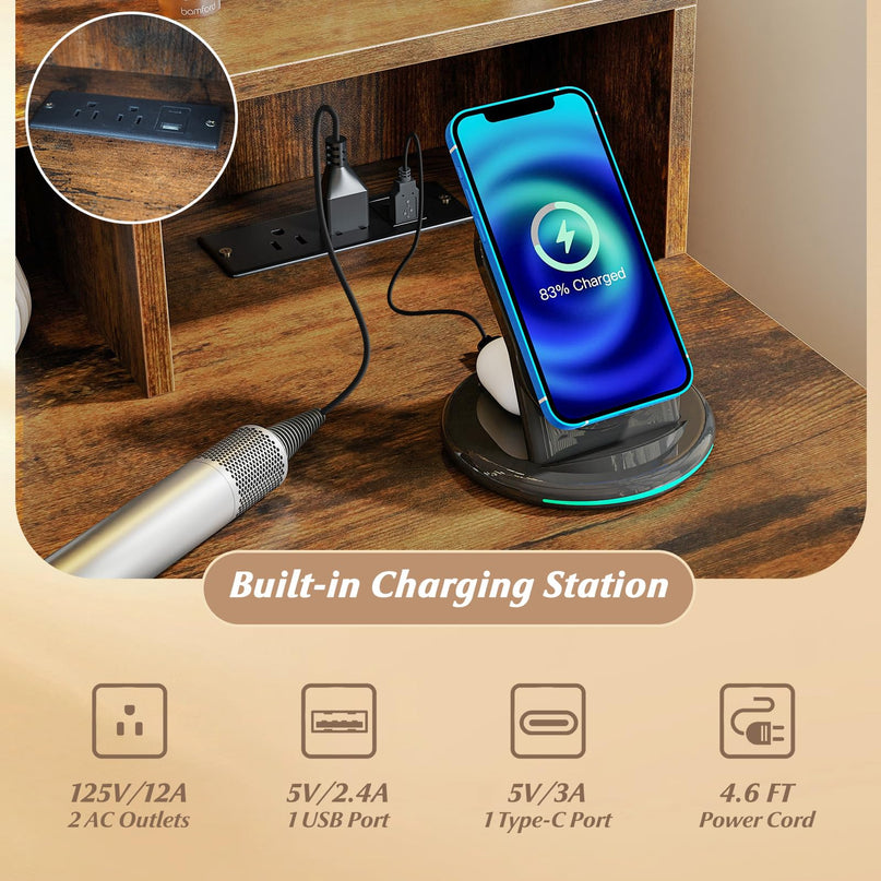 Large Vanity Desk with Arched Mirror and Lights for Bedroom