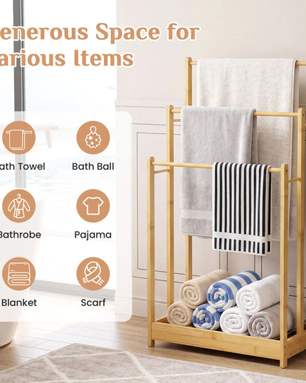 Giantex 3 Tier Free Standing Bamboo Towel Rack with Storage Shelf