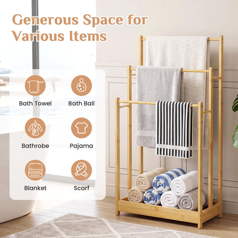 Giantex 3 Tier Free Standing Bamboo Towel Rack with Storage Shelf