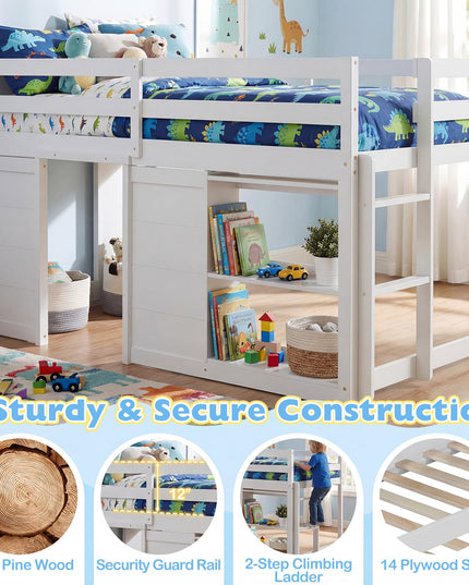 Giantex Loft Bed Twin Size with LED Lights with Under-Bed Play Space & Storage Bookcase