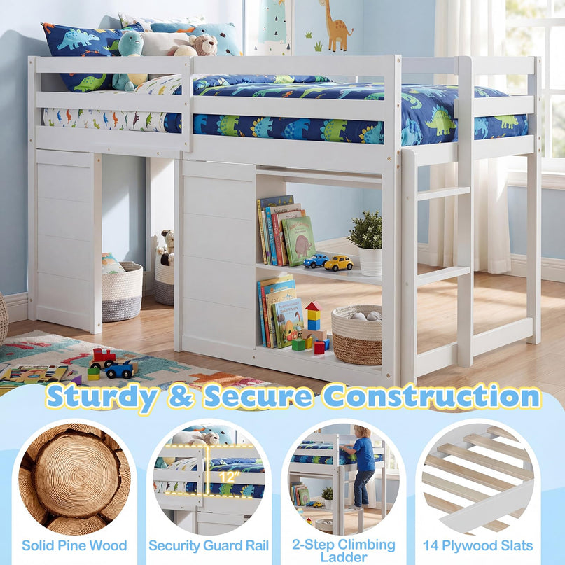 Giantex Loft Bed Twin Size with LED Lights with Under-Bed Play Space & Storage Bookcase