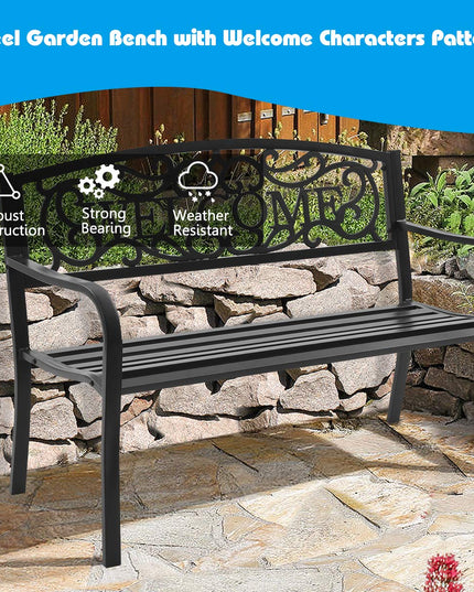 Giantex Garden Bench, Antique Metal Outside Bench w/Warm Welcome Pattern