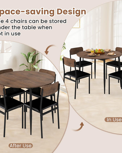 Giantex  43.5" Round Kitchen Table and 4 Upholstered Dining Chairs with Drop Leaf Tabletop