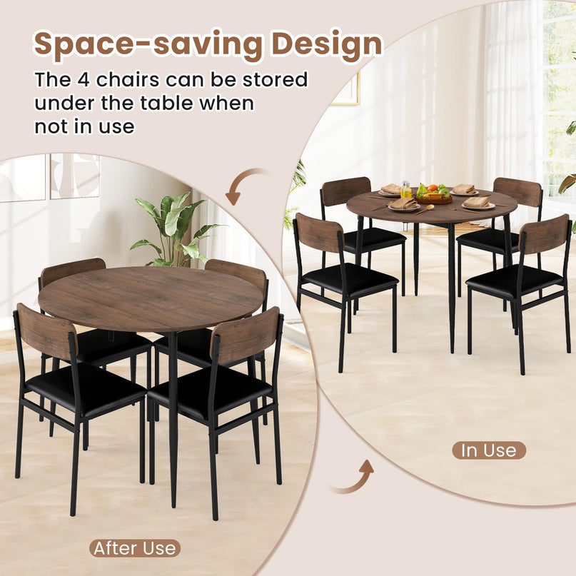 Giantex  43.5" Round Kitchen Table and 4 Upholstered Dining Chairs with Drop Leaf Tabletop