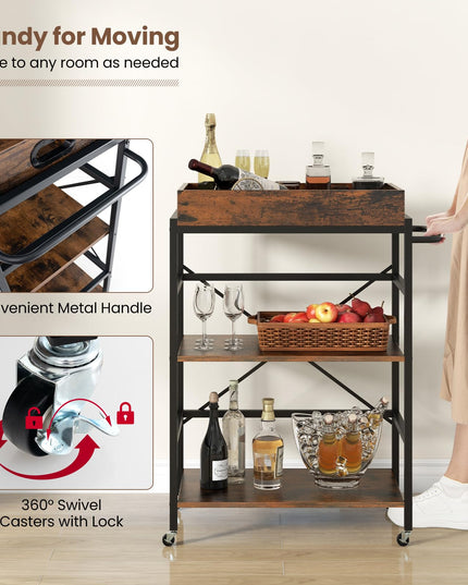 Giantex Rolling Bar Cart, 3-Tier Serving Cart with Removable Tray, 4 Lockable Universal Casters