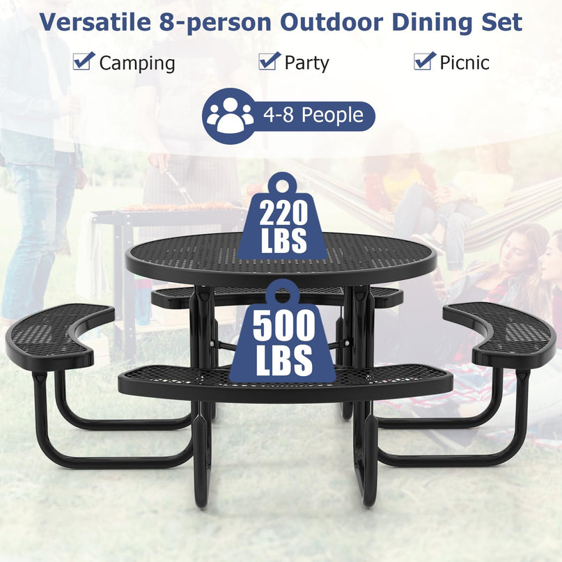 Giantex Round Picnic Table Set for 8 Persons, 45 Inch Outdoor Table and Bench Set with Umbrella Hole
