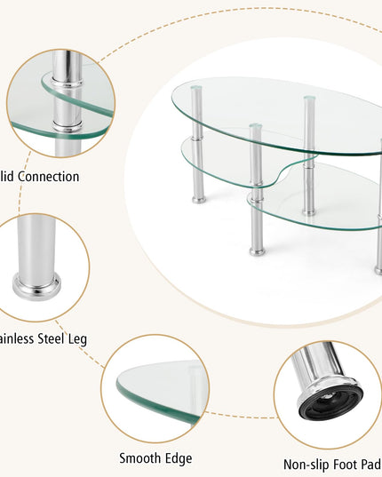Giantex Oval Glass Coffee Table - 3-Tier Transparent Tempered Glass Center Table with Metal Stand, 35"× 20" ×18"