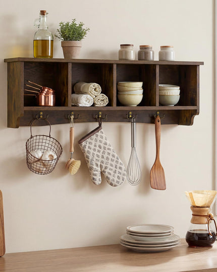 Giantex Wall Mounted Coat Rack 28.5'' Wooden Floating Shelf with 4 Cubbies & 5 Double Hooks