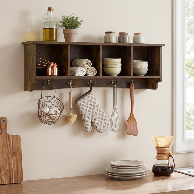 Giantex Wall Mounted Coat Rack 28.5'' Wooden Floating Shelf with 4 Cubbies & 5 Double Hooks