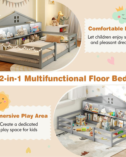 Giantex Twin/Full Size Montessori Wooden Floor Bed with LED Lights