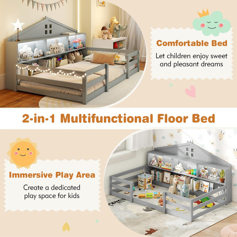 Giantex Twin/Full Size Montessori Wooden Floor Bed with LED Lights