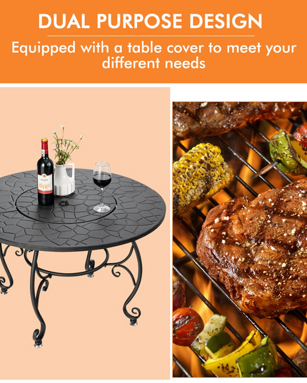 Fire Pit Table 4-in-1 Outdoor Dining Table, 36 Inch Multifunctional Metal Round Patio Table