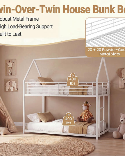 Giantex House-Shaped Twin Over Twin Metal Bunk Bed with Safety Guardrail & Roof