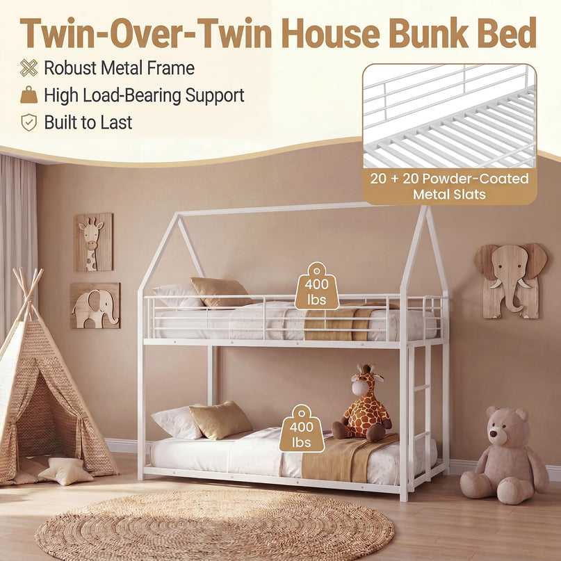 Giantex House-Shaped Twin Over Twin Metal Bunk Bed with Safety Guardrail & Roof