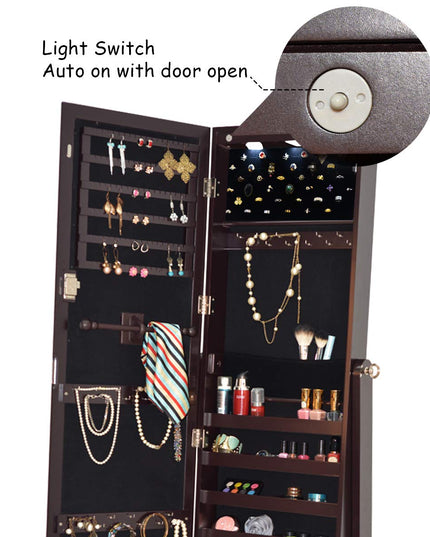 Giantex 57.5"H 2 LEDs Standing Jewelry Cabinet with Full Length Mirror with 2 Drawers, 4 Adjustable Angles, Jewelry Storage Organizer