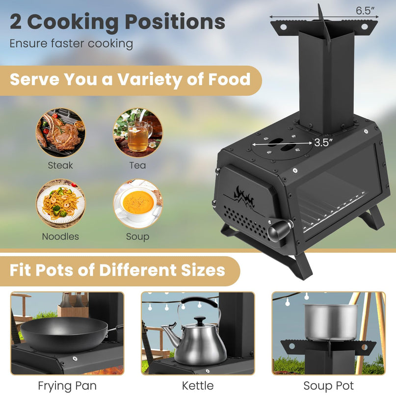 Giantex Portable Camping Wood Stove - Mini Wood Burning Stove w/ 2 Cooking Positions