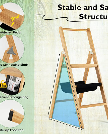 100% Bamboo Folding Step Stool with Handrail | 3 Step Ladder
