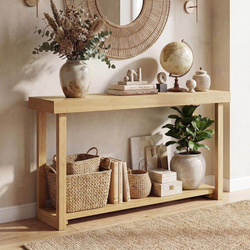 Giantex Console en bois massif à 2 niveaux avec cadre en bois de teck et étagère de rangement (46" x 12" x 32")
