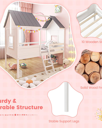 Giantex Twin House Bed Frame, Kids Low Loft Bed Frame with Roof