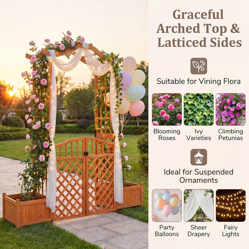 Giantex 83" Garden Arbor with Gate and 2 Planter Boxes