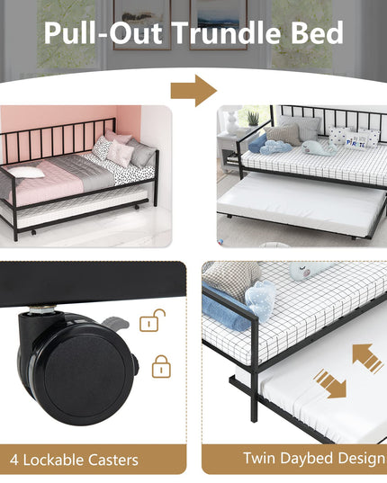 Giantex Metal Daybed with Trundle, Twin Size Daybed with Pullout Trundle & Steel Slat Support, Black