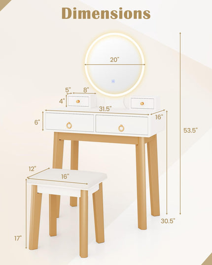 Vanity Desk with Lighted Mirror and Stool for Girls Bedroom