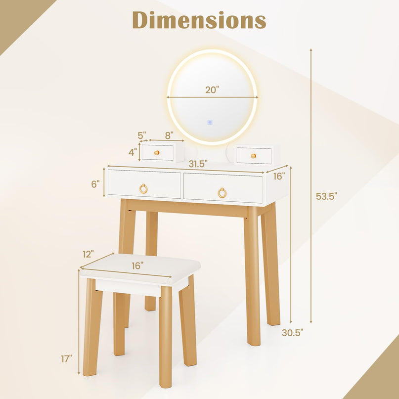 Vanity Desk with Lighted Mirror and Stool for Girls Bedroom