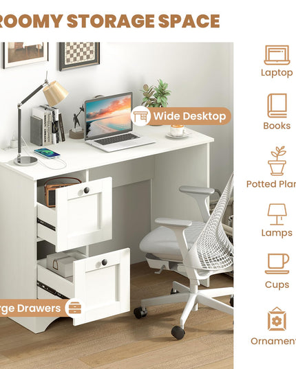 Giantex White Desk with 2 Drawers, 43” Wooden Home Office Desk with Charging Station