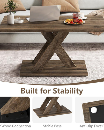 Giantex 37.5 Inch Wood Farmhouse Coffee Table with Stable Base & Rubber Wood Connection