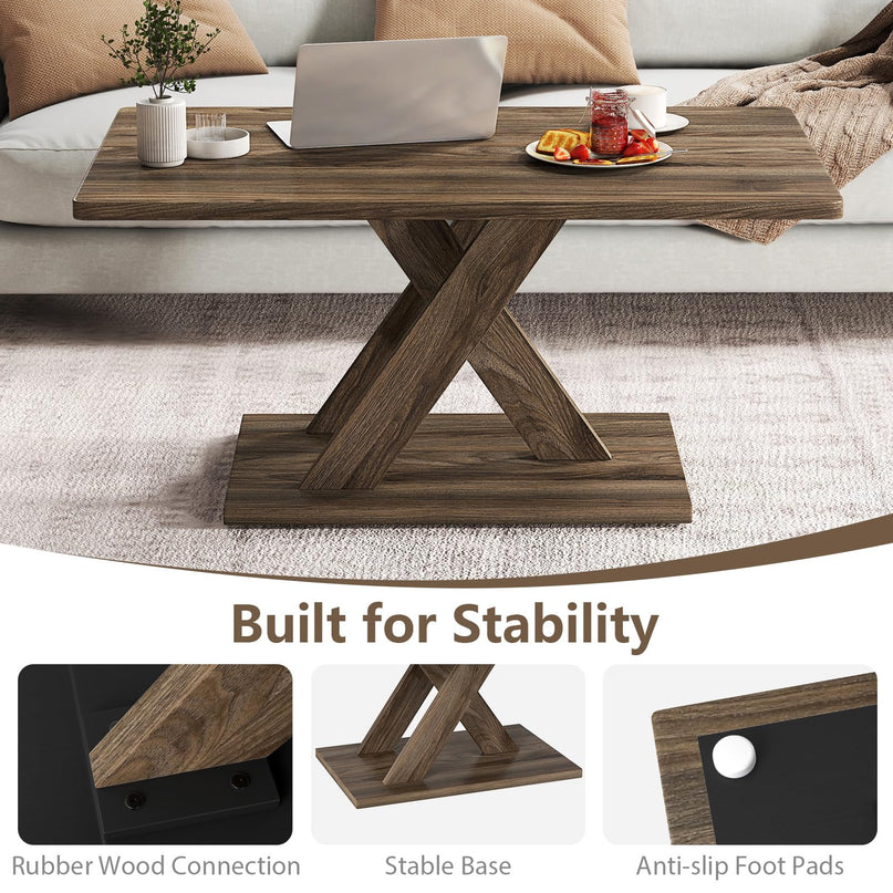 Giantex 37.5 Inch Wood Farmhouse Coffee Table with Stable Base & Rubber Wood Connection