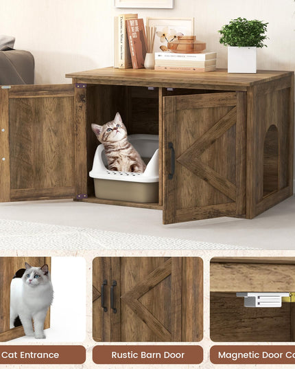 Giantex Cat Litter Box Enclosure - Flip Top Litter Box Hidden Furniture with Barn Door, Side Entrance