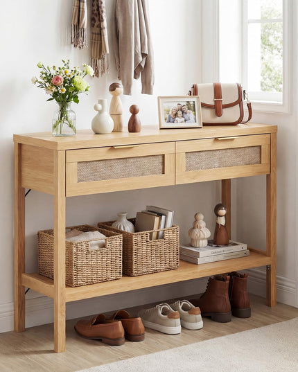 Giantex 40" Rattan Console Table with 2 Drawers & Shelf, 2 Anti-Tipping Kits