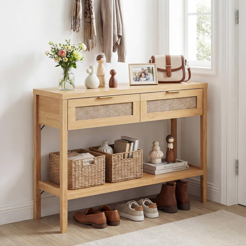 Giantex Table console en rotin de 101,6 cm avec 2 tiroirs et étagère, 2 kits anti-basculement