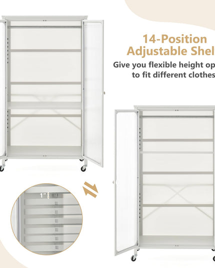Portable Closet with Rollers, Mobile Metal Armoire Closet with Hanging Rod