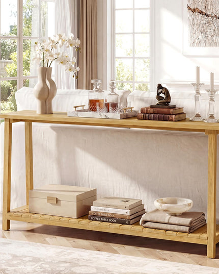 Console étroite Giantex à 2 niveaux avec cadre en teck et étagère de rangement (71" x 12" x 31")