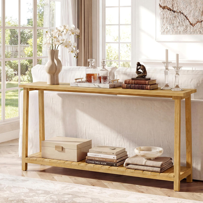 Console étroite Giantex à 2 niveaux avec cadre en teck et étagère de rangement (71" x 12" x 31")