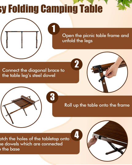 Giantex Folding Picnic Table, Wooden Roll-up Bamboo Tabletop, Portable Camping Table