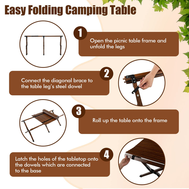 Giantex Folding Picnic Table, Wooden Roll-up Bamboo Tabletop, Portable Camping Table