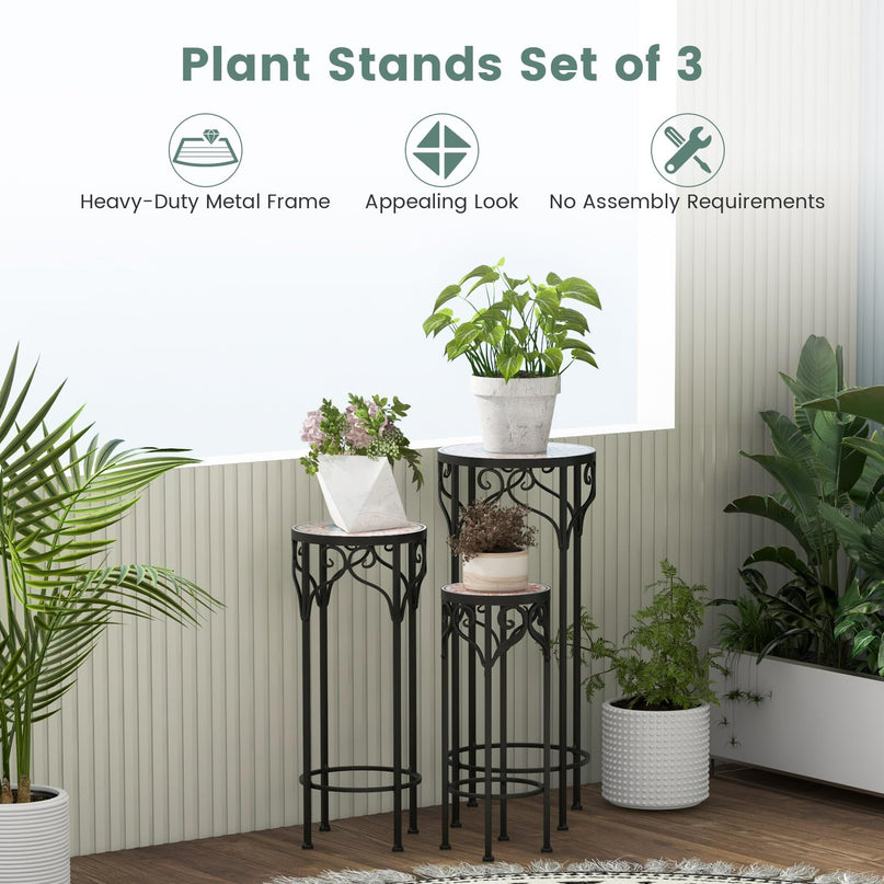 Giantex Metal Plant Stand Set of 3, 28" Mosaic Tall Flower Stand with Ceramic Top