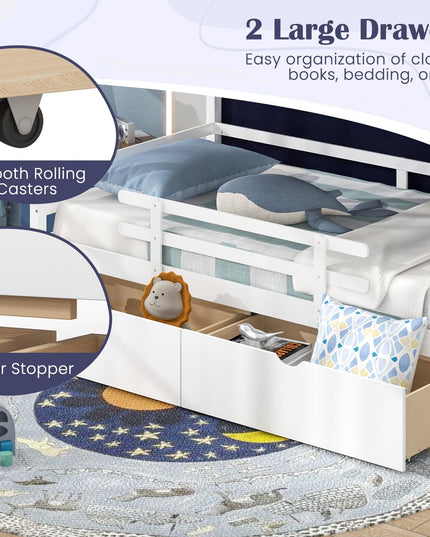 Giantex Twin House Bed with Tent, Wood Kids Bed with 2 Storage Drawers, Solid Wood Daybed Frame with Rails and Roof