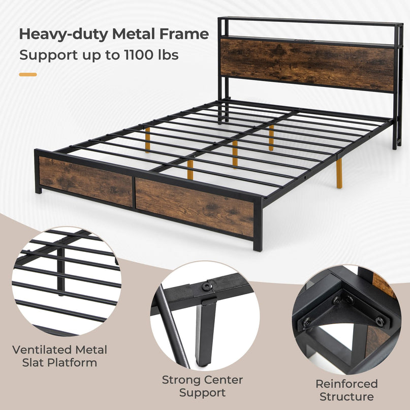 Giantex Queen/Full Bed Frame with LED Lights Headboard and 4 Storage Drawers