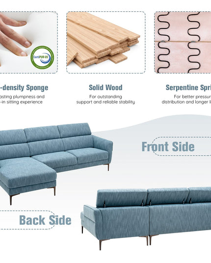 Giantex L-Shaped Sofa Couch, 3-Seat Upholstered Sofa with Wide Chaise Lounge, Adjustable Headrest, Blue
