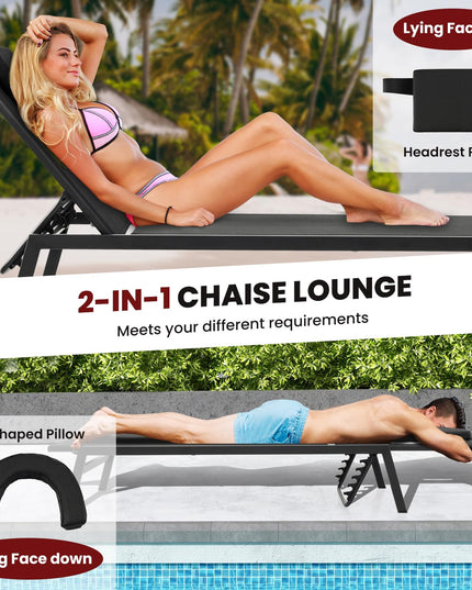 Giantex Patio Chaise Lounge Chair - Outdoor Lounge Chaise with Face Hole, Detachable Head Pillows, Black