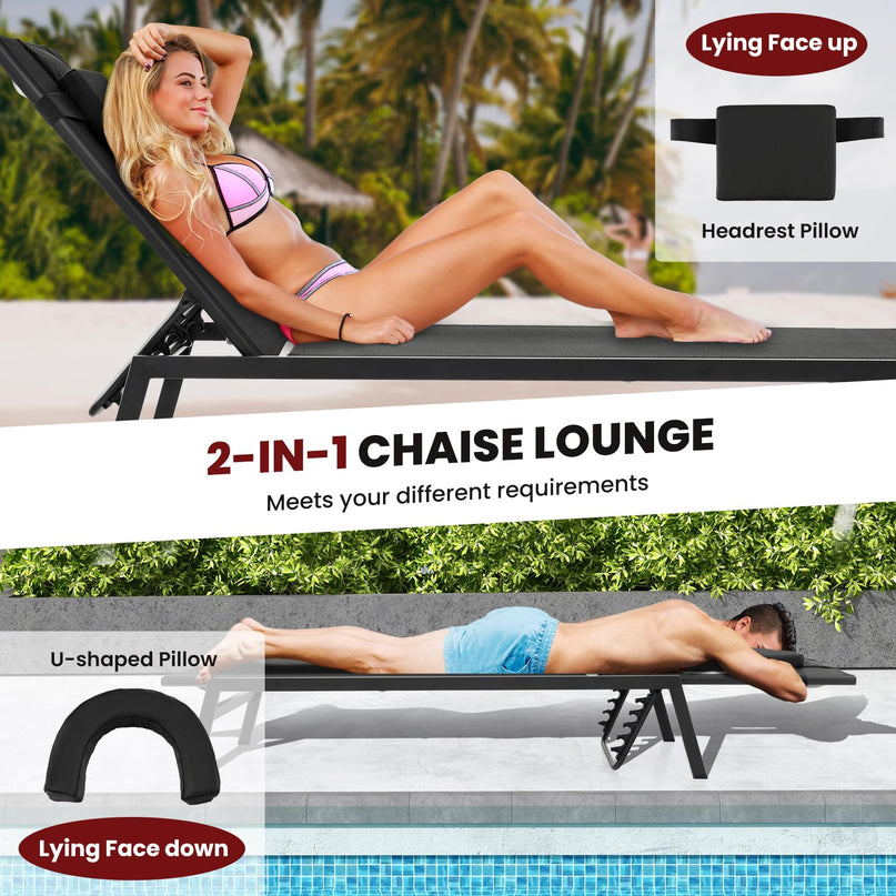 Giantex Patio Chaise Lounge Chair - Outdoor Lounge Chaise with Face Hole, Detachable Head Pillows, Black
