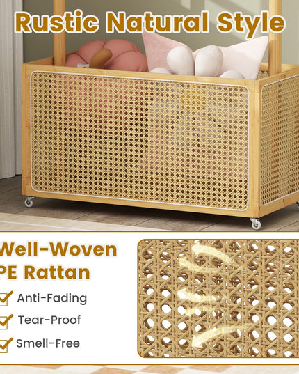 Portant à vêtements roulant en bambou Giantex avec panier de rangement en rotin pour couloir, salon, chambre à coucher