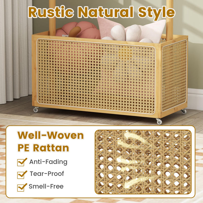 Giantex Bamboo Rolling Garment Rack with Rattan Storage Basket for Hallway Living Room Bedroom