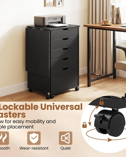 GIANTEX 5-Drawer Wood Compact Foldable Drop-Leaf Computer Desk with Wheels
