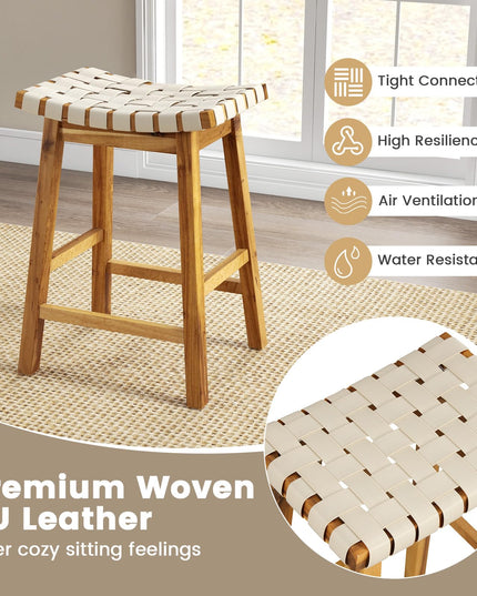 Giantex 25.5/31" Woven Bar Stools Set of 2/4, Faux PU Leather Counter Height Saddle Stools with Woven Curved Seat
