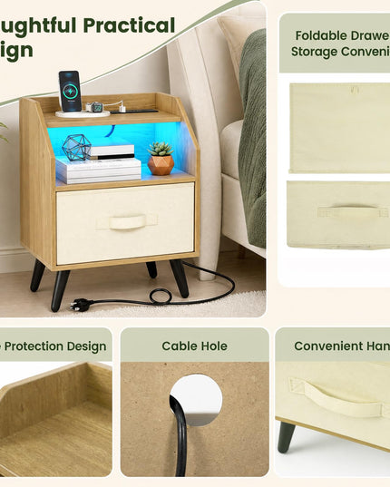 GIANTEX Modern LED Nightstand w/Charging Station & Fabric Drawer