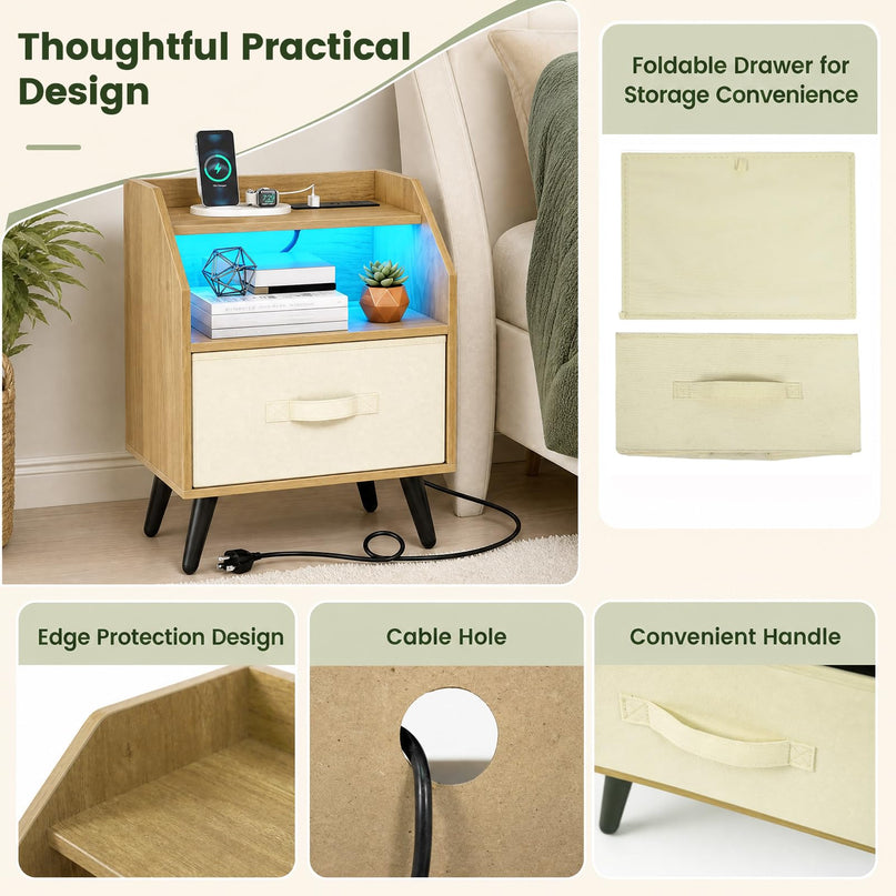 GIANTEX Modern LED Nightstand w/Charging Station & Fabric Drawer